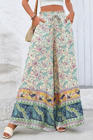 CFLONGE Women Wide Leg Pants Casual High Waist Floral Palazzo Pants for Women Flowy Trendy Lounge Boho Beach Trousers Pockets in Saudi Arabia