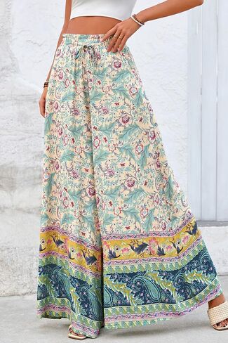 CFLONGE Women Wide Leg Pants Casual High Waist Floral Palazzo Pants for Women Flowy Trendy Lounge Boho Beach Trousers Pockets in Saudi Arabia