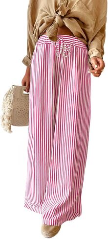Acelitt Women Casual Drawstring Elastic Waist Striped Wide Leg Pants with Pockets, S-XXL in Saudi Arabia