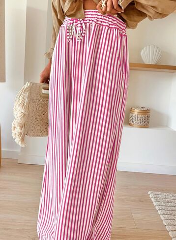 Acelitt Women Casual Drawstring Elastic Waist Striped Wide Leg Pants with Pockets, S-XXL in Saudi Arabia