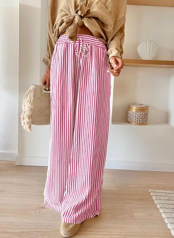 Acelitt Women Casual Drawstring Elastic Waist Striped Wide Leg Pants with Pockets, S-XXL in Saudi Arabia