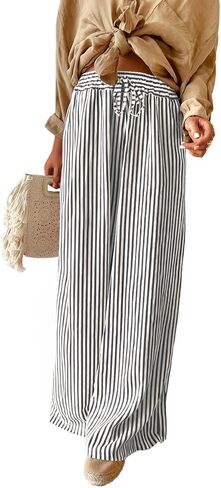 Acelitt Women Casual Drawstring Elastic Waist Striped Wide Leg Pants with Pockets, S-XXL in Saudi Arabia