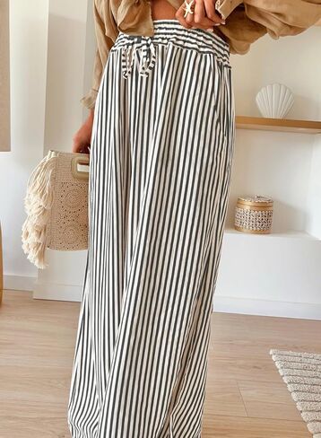 Acelitt Women Casual Drawstring Elastic Waist Striped Wide Leg Pants with Pockets, S-XXL in Saudi Arabia