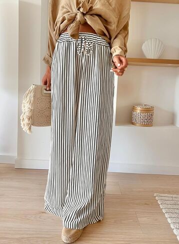 Acelitt Women Casual Drawstring Elastic Waist Striped Wide Leg Pants with Pockets, S-XXL in Saudi Arabia