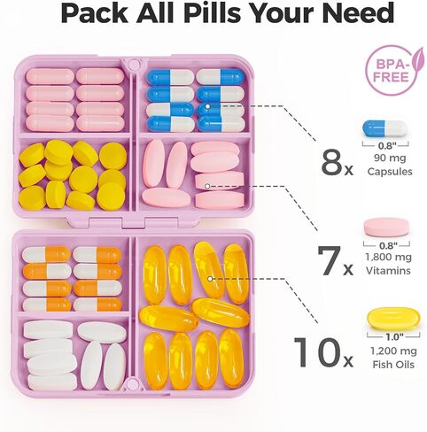 AUVON Travel Pill Organizer with Folding Design, 7 Compartments Daily Pill Case with Long-lasting Hinges, Portable Pill Box for Purse Pocket, Small Pill Container for Fish Oil, Vitamin (Pink) in Saudi Arabia