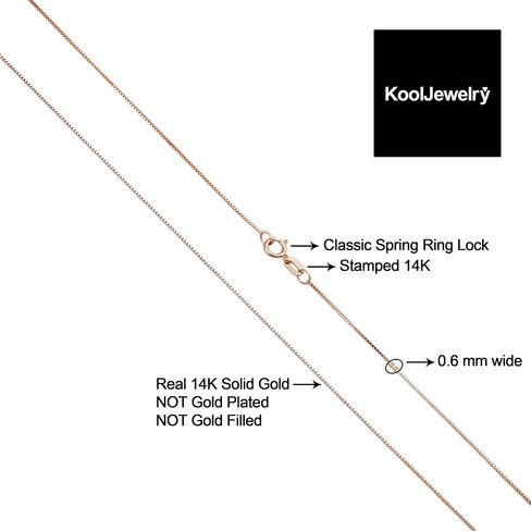 Kooljewelry 14k Solid Rose Gold Box Chain Necklace For Women - Real Gold (0.6mm, 0.7mm, 0.8mm or 1.0mm - sizes from 14 to 30 inches long) in Kuwait