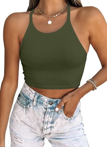 LOLONG Womens Crop Sleeveless Racerback Tank Tops Rib-Knit Casual Basic Shirts in Kuwait