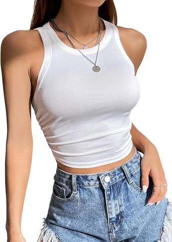 LOLONG Womens Crop Sleeveless Racerback Tank Tops Rib-Knit Casual Basic Shirts in Kuwait