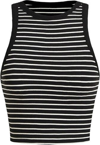 MakeMeChic Women's Casual Crew Neck Striped Tank Top Sleeveless Crop Top Slim Fitted Summer Vest in Saudi Arabia