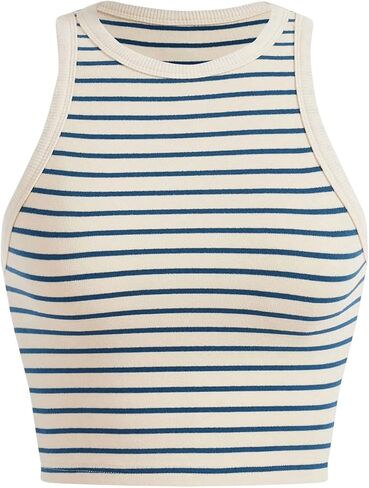 MakeMeChic Women's Casual Crew Neck Striped Tank Top Sleeveless Crop Top Slim Fitted Summer Vest in Saudi Arabia