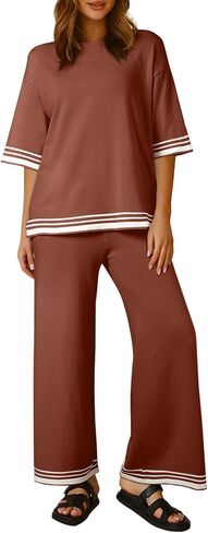 SHEWIN Lounge Sets For Women Casual 2 Piece Sets Short Sleeve Sweater Matching Wide Leg Pants Womens Spring Fashion 2025 in Kuwait