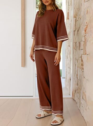 SHEWIN Lounge Sets For Women Casual 2 Piece Sets Short Sleeve Sweater Matching Wide Leg Pants Womens Spring Fashion 2025 in Kuwait