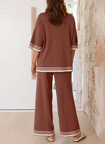 SHEWIN Lounge Sets For Women Casual 2 Piece Sets Short Sleeve Sweater Matching Wide Leg Pants Womens Spring Fashion 2025 in Kuwait