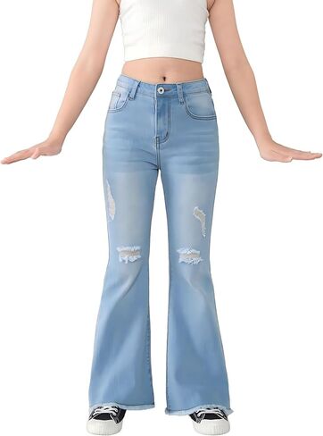 SHENHE Girl's High Waisted Flare Leg Jeans Split Raw Hem Denim Pants with Pockets in Kuwait