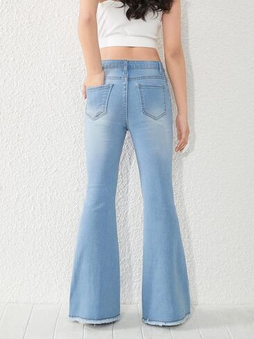 SHENHE Girl's High Waisted Flare Leg Jeans Split Raw Hem Denim Pants with Pockets in Kuwait