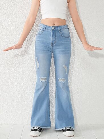 SHENHE Girl's High Waisted Flare Leg Jeans Split Raw Hem Denim Pants with Pockets in Kuwait