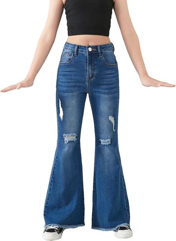SHENHE Girl's High Waisted Flare Leg Jeans Split Raw Hem Denim Pants with Pockets in Saudi Arabia