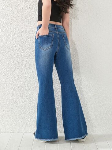 SHENHE Girl's High Waisted Flare Leg Jeans Split Raw Hem Denim Pants with Pockets in Saudi Arabia