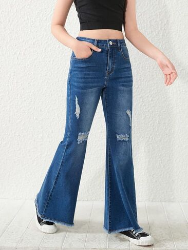 SHENHE Girl's High Waisted Flare Leg Jeans Split Raw Hem Denim Pants with Pockets in Saudi Arabia