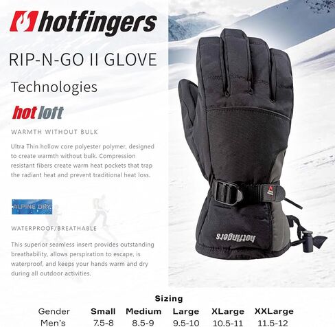 قفازات رياضية شتوية للرجال من hotfingers Rip-N-Go ll Alpine | قفازات متينة معزولة للطقس البارد ودافئة مع حزام سريع الفك in Saudi Arabia