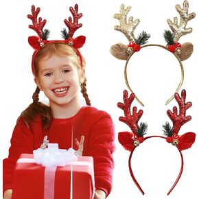 2Pcs Christmas Glitter Reindeer Antlers Headband Red Gold Elk Antlers Xmas Hair Bands Fun Deer Ears Hair Hoop Headwear Hair Accessories for Women Girls Christmas Holiday Party Costume