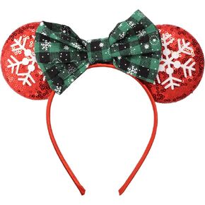 Needzo Red Sequins Mouse Ears Headband with Snowflakes and a Green Plaid Bow, 2024 Christmas Headbands for Women, Christmas Accessories to Wear, One Size Fits Most