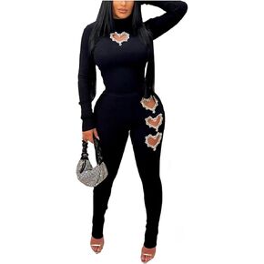 Aro Lora Womens Sexy 2 Piece Outfits Glitter Cut Out Heart Party Bodycon Crop Top and Pant Set