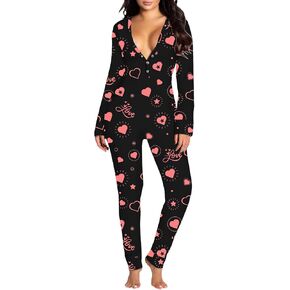 Women Sexy Bodycon Onesie Pajama Heart Print Long Sleeve Button V Neck Jumpsuit One Piece Romper Valentines Sleepwear