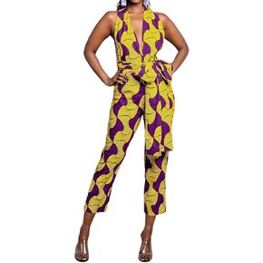 Vimoisa Women Sexy Boho African Jumpsuits Printing Rompers V-Neck Multi-Way Wide Leg Pants