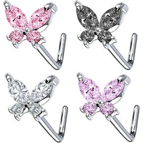 CZ Butterfly Flower Nose Stud Top L Bend Stud Nose Ring 20G L Shaped Nose Studs Nose Hoop Rings Nose Body Piercing for Women Men
