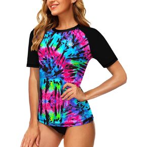 AOBUTE Women Short Sleeve Rash Guard Gradient Sun Protection Swim Shirts
