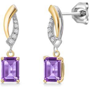 Gem Stone King 925 Silver and 10K Yellow Gold 6X4MM Emerald Cut Gemstone Birthstone and White Lab Grown Diamond Dangle Earrings for Women