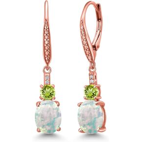 Gem Stone King 18K Rose Gold Plated Silver White Opal and Green Peridot Dangle Earrings for Women with Lab Grown Diamond (2.63 Cttw, Oval Cabochon 9X7MM)