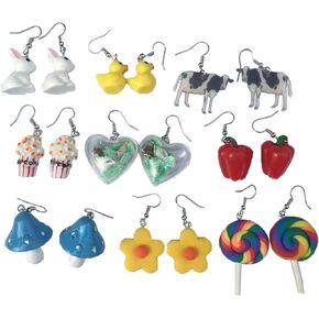 11 Pairs Funny Gummy Bear Mushroom Strawberry Dangle Earrings Set Dainty Cloud Dinosaur Flower Fruit Duck Ice Cream Earrings for Women Girls Jewelry