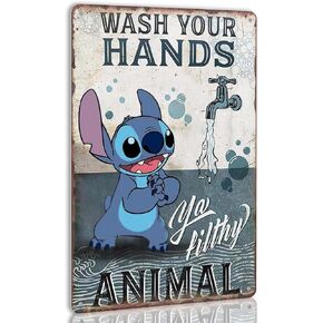 Funny Stitch Bathroom Decor Wash Your Hands Sign Kitchen Wall Art Bathroom Accessories Set Toilet Tin Sign Kids Farmhouse Bathroom Metal Signs Wash Your Hands Ya Filthy Animal Sign 8x12 Inch