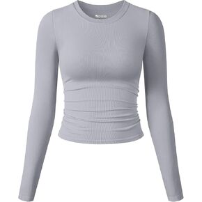 OQQ Womens Shirts Long Sleeve Crew Neck Ruched Stretch Basic Fitted Tee Shirts Tops