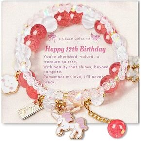 5-13 Year Old Girl Birthday Gifts, 3PCS Cute Unicorn Bracelets Set with Necklace Birthday Bracelets Charm Bracelets Pink Crystal Bead Elastic Bracelets Birthday Christmas Jewelry Present for Daughter Niece Granddaughter Girl