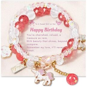 5-13 Year Old Girl Birthday Gifts, 3PCS Cute Unicorn Bracelets Set with Necklace Birthday Bracelets Charm Bracelets Pink Crystal Bead Elastic Bracelets Birthday Christmas Jewelry Present for Daughter Niece Granddaughter Girl in Saudi Arabia