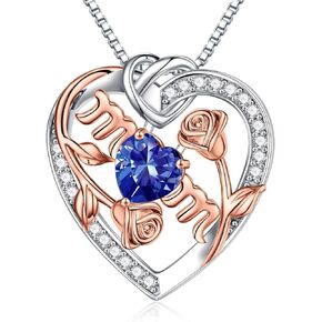 Iefil Rose Birthstone Gifts for Mom, S925 Sterling Silver Rose Heart Pendant Birthstone Necklace Mothers Day Valentines Day Christmas Birthday Jewelry Gifts for Mom