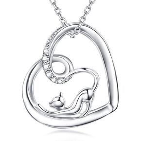 AmorAime 925 Sterling Silver Cat Necklace for Women Heart Necklace Fashion Cute Cat Pendant Dainty Necklace Gift for Festival, Vacation or Holiday