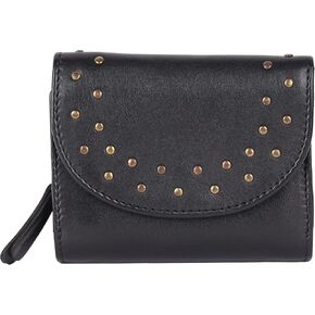 Genuine Italian Leather Boho Studded Trifold Double Flap Closure Wallet – Zipper Coin Purse & Credit Card Holder for Women (Black)