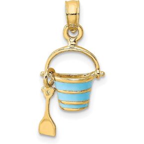 Aqua Enameled Beach Bucket with Moveable Shovel Charm In Real 14k Yellow Gold 9 mm x 9 mm