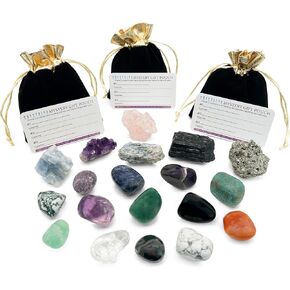 CRYSTALYA Mystery Crystals and Healing Stones with Velvet Pouch + 50pg EBOOK - 3 Surprise Crystals, Great Gift, Information Card, Made in U.S.A.