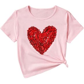 OYOANGLE Girl's Sequin Sparkle Heart Pattern Short Sleeve Round Neck T Shirt Casual Summer Tees Tops