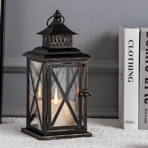 DECORKEY Lantern Decorative Indoor & Outdoor, Large Hanging Candle Lanterns Home Decor, Vintage Metal Candle Holders for Front Porch Patio Wedding Party, Halloween Christmas Decorations (Black)