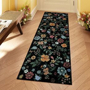 Kitchen Runner Rug Floral Hallway Runner Rug 2'x6', Boho Washable Runner Rug Non Slip with Rubber Backing, Black Soft Carpet Runners for Hallways Bedroom Entryway Laundry