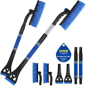 2 Pack Ice Scrapers for Car Windshield, 2-in-1 Snow Scraper and Snow Brush for Car SUV Truck, Car Ice Windshield Scraper for Ice and Snow with 360° Pivoting Brush and Ergonomic Foam Grip Blue