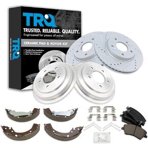 TRQ BKA22088 Performance Ceramic Disc Brake Pad and Rotor/Drum Brake Shoe and Drum Kit Compatible with 2011-2016 Ford Fiesta