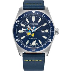 Citizen Eco-Drive Men's Disney Donald Duck, Stainless Steel with Blue Leather Strap, 3-Hand Date, Luminous, 42mm (Model: AW1790-05W)