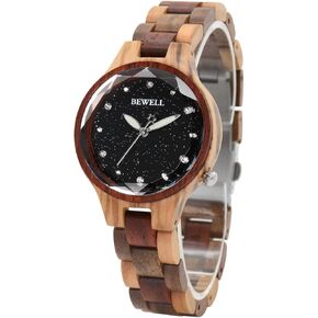BEWELL Women Wooden Watch, Handcrafted Colorful Quartz Wood Watch with Starry Sky Dial